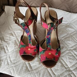 Women's Floral Open-Toe Wedge Sandals - Pink Multi Size 8